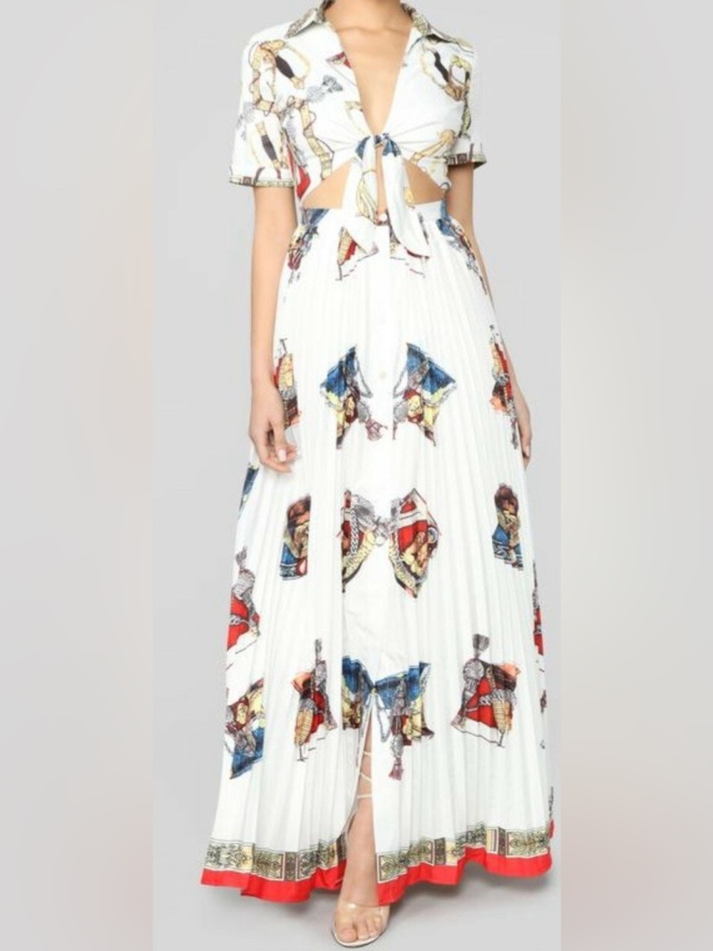 Fashion Nova White Pleated Maxi Skirt with Multicolor Motifs